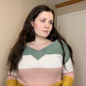 UK2LA Women's Striped V-Neck Sweater in Sage Green, Cream, Blush, Mustard